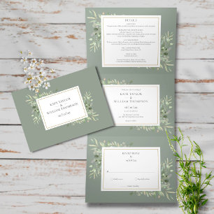 Convite Com Dobra Tripla Casamento de Foto Verde de Greenery Sage