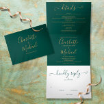 Convite Com Dobra Tripla Casamento de Fotografias com Script Dourado Modern<br><div class="desc">Tudo em um convite de casamento verde esmeralda triplo com tipografia de ouro elegante e sua foto especial. O convite inclui os detalhes das informações de convidado de celebração e um cartão RSVP destacável. Projetado por Thisnotme©</div>