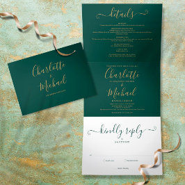 Convite Com Dobra Tripla Casamento de Fotografias com Script Dourado Modern
