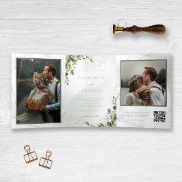 Convite Com Dobra Tripla Casamento de Fotografias de Código QR para Eucalyp
