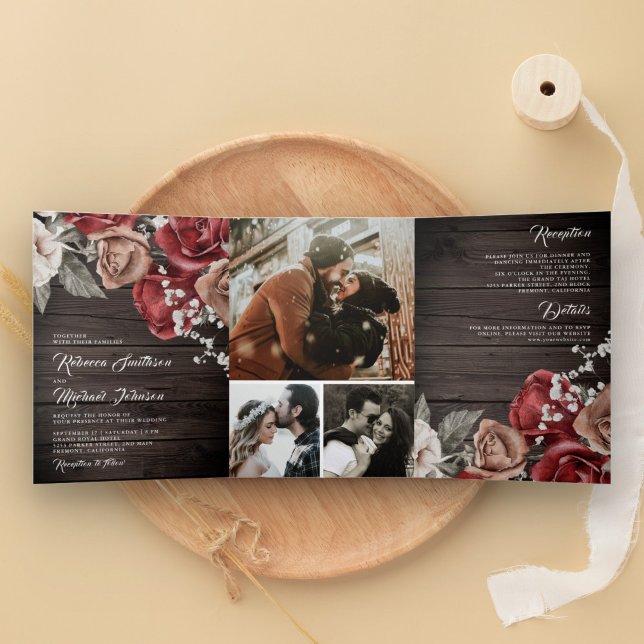 Convite Com Dobra Tripla Casamento de Fotografias de Rosas vermelhas Rustic (Criador carregado)