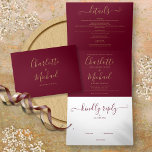 Convite Com Dobra Tripla Casamento de Fotografias de Script Dourado Elegant<br><div class="desc">Tudo em um convite de casamento de burgundy triplo com tipografia de ouro elegante e sua foto especial. O convite inclui os detalhes das informações de convidado de celebração e um cartão RSVP destacável. Projetado por Thisnotme©</div>