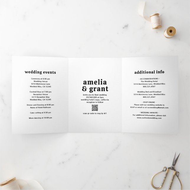 Convite Com Dobra Tripla Casamento de Fotografias do Código QR Preto e Bran (Dentro)