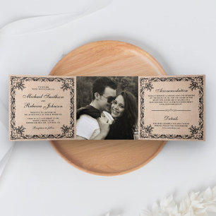 Convite Com Dobra Tripla Casamento de Fotografias Rustic Flourish Ornamenta