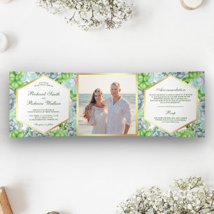 Convite Com Dobra Tripla Casamento de Fotografias Suculentas em Verde Botân
