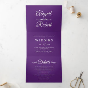 Convite Com Dobra Tripla Casamento de fotos com tipografia violeta