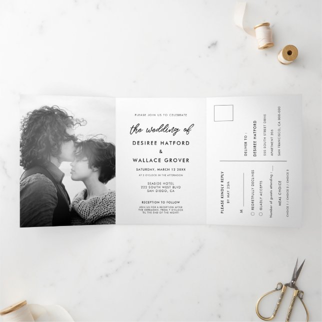 Convite Com Dobra Tripla Casamento de fotos da tipografia moderna (Dentro)
