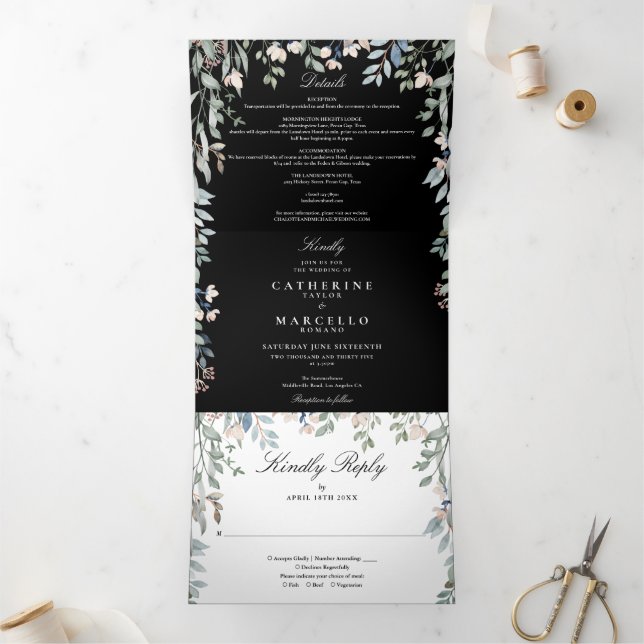 Convite Com Dobra Tripla Casamento De Fotos De Flores Selvagens Pretas E Br (Dentro)