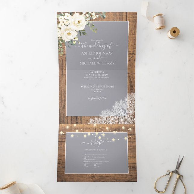 Convite Com Dobra Tripla Casamento De Fotos De Madeira Floral Branca De Cin (Dentro)