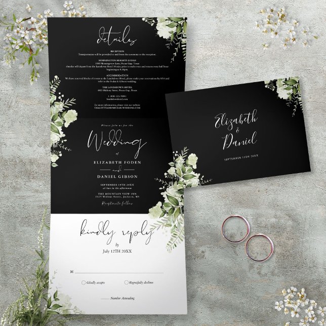 Convite Com Dobra Tripla Casamento De Fotos De Verde Botânico Preto E Branc (Black And White Botanical Greenery Photo Wedding Tri-Fold Invitation)