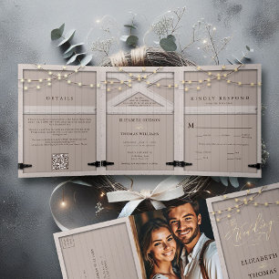 Convite Com Dobra Tripla Casamento de Fotos Elegante da Caligrafia Rústica