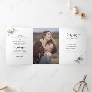 Convite Com Dobra Tripla Casamento de Fotos Eucalyptus Script Greenery