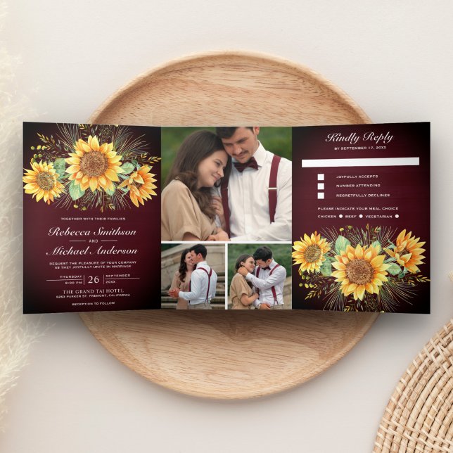Convite Com Dobra Tripla Casamento de Fotos Rustic Burgundy Wood Sunflower (Criador carregado)