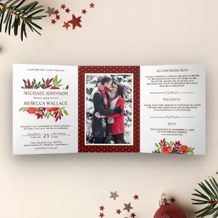 Convite Com Dobra Tripla Casamento de Fotos Rustic Red and Green