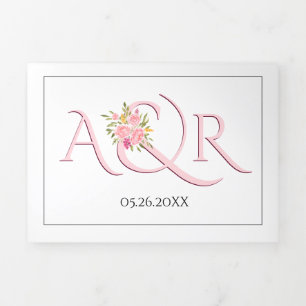 Convite Com Dobra Tripla Casamento de iniciais cor-de-rosa, de rosas rosa e