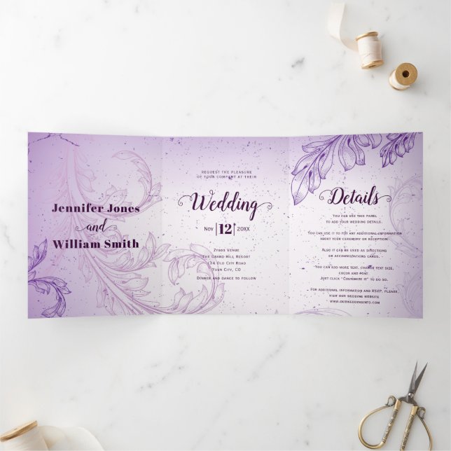 Convite Com Dobra Tripla Casamento de lavanda roxa de rolagem com  (Dentro)