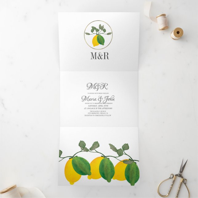 Convite Com Dobra Tripla Casamento de Limão com Vegetação em Aquarela Moder (Dentro)