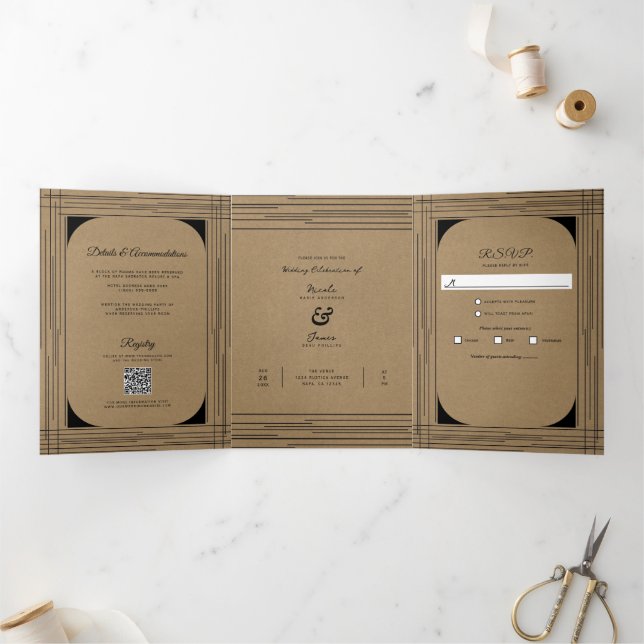 Convite Com Dobra Tripla Casamento de Linhas Modernas Mínimas Kraft Preto (Dentro)