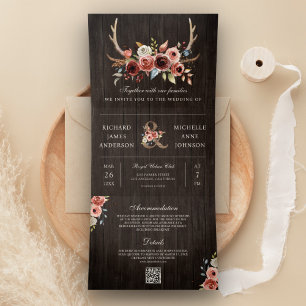 Convite Com Dobra Tripla Casamento de Madeira Código QR Floral Terracota de