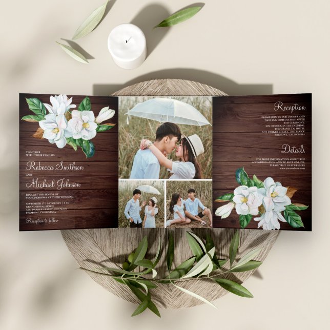 Convite Com Dobra Tripla Casamento de Madeira com celulose floral (Criador carregado)