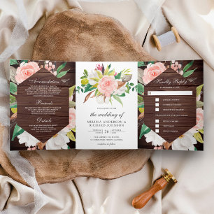 Convite Com Dobra Tripla Casamento de Madeira de Celeiro Floral Rosa Bege M