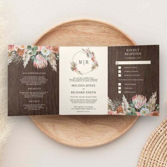 Convite Com Dobra Tripla Casamento De Madeira Rustic Boho Earthy Floral Pam (Criador carregado)