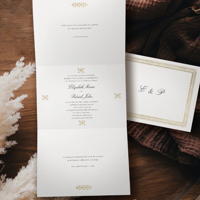 Convite Com Dobra Tripla Casamento de Marfim Lis Dourada Clássica Moderna F (formal traditional wedding invitation modern classic gold ivory deco ballroom all in one trifold)