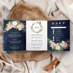 Convite Com Dobra Tripla Casamento de Marinho de algodão Magnolia Floral C