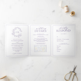 Convite Com Dobra Tripla Casamento de Monograma de Folha de Lavanda Lilac
