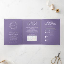 Convite Com Dobra Tripla Casamento de Monograma de Folha de Lavanda Lilac