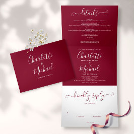 Convite Com Dobra Tripla Casamento de Monograma de Script Elegante Burgundy