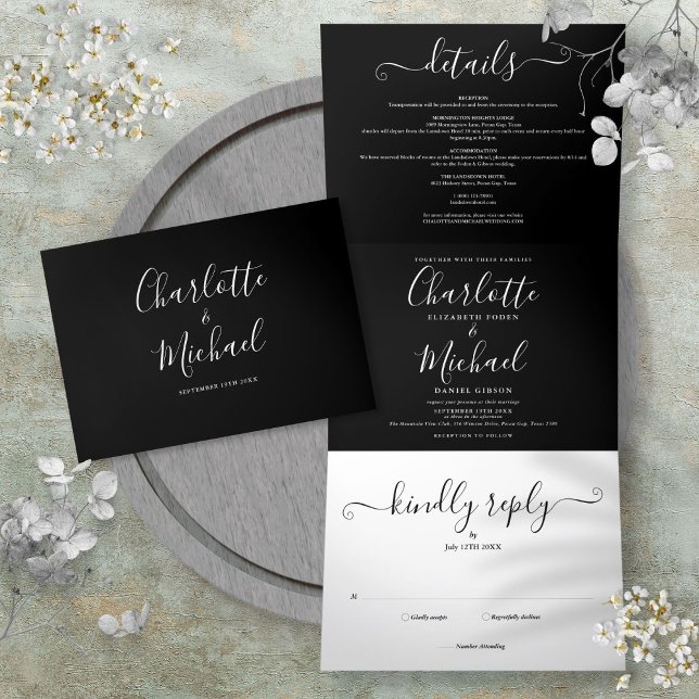 Convite Com Dobra Tripla Casamento De Monograma De Script Elegante Preto E  (Black And White Elegant Script Monogram Wedding Tri-Fold Invitation)