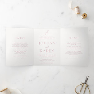 Convite Com Dobra Tripla Casamento de Monograma de Script Rosa Elegante