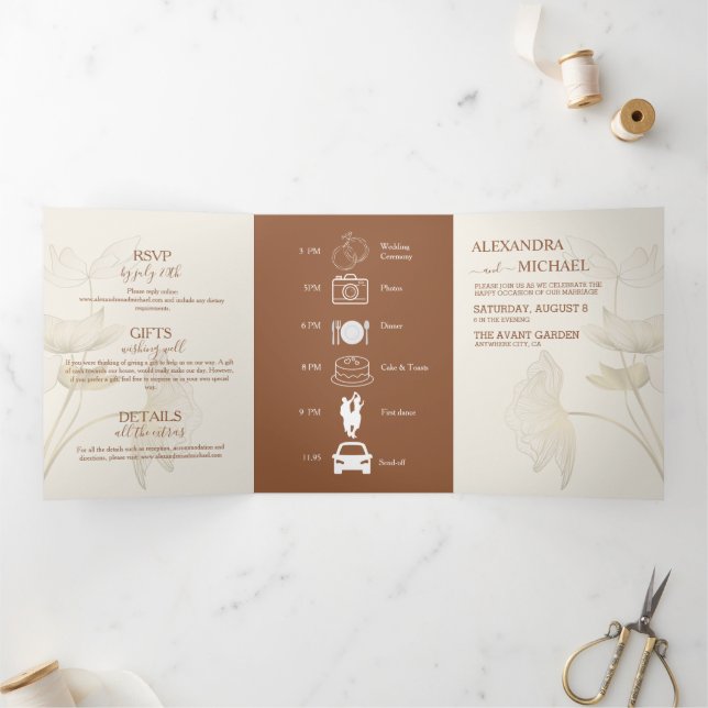 Convite Com Dobra Tripla Casamento de Monograma Neutral de Beige Minimalist (Dentro)