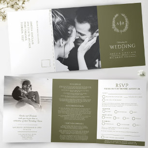 Convite Com Dobra Tripla Casamento de monograma RSVP de azeitona verde