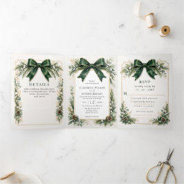 Convite Com Dobra Tripla Casamento de Natal de Inverno Botânico com Laço Ve