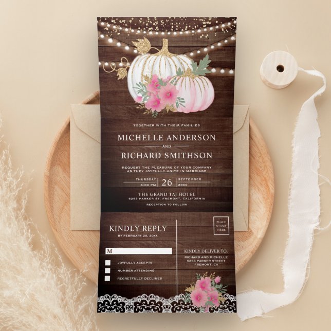 Convite Com Dobra Tripla Casamento de Outono com Abóbora Branca Floral Rosa (Criador carregado)