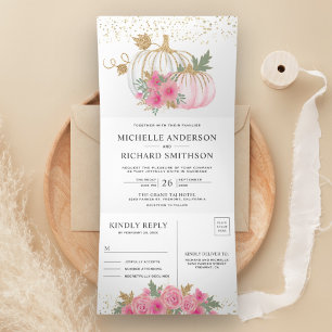 Convite Com Dobra Tripla Casamento de Outono com Floral Rosa Rústico e Abób