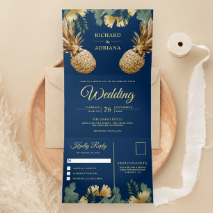 Convite Com Dobra Tripla Casamento de Palma Tropical Azul Dourado Abacaxi