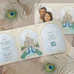 Convite Com Dobra Tripla Casamento de Peacock Taj Mahal Arch QR