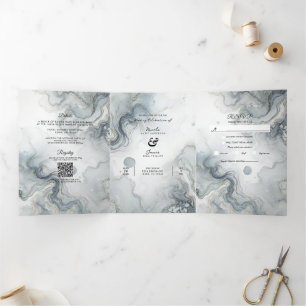 Convite Com Dobra Tripla Casamento de Praia em Aquarela Azul Cinza e Dourad