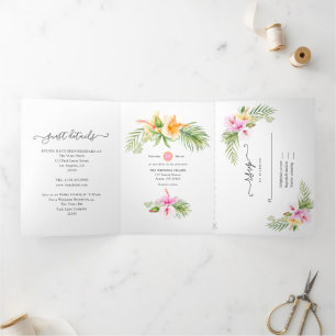 Convite Com Dobra Tripla Casamento De Praia Floral Tropical De Aquarela Com