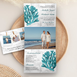 Convite Com Dobra Tripla Casamento de Praias Costeiras de Coral de Teal Bra