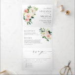 Convite Com Dobra Tripla Casamento de primavera com Blush e Flores Brancas<br><div class="desc">Convide a família e os amigos para o seu casamento com este convite de casamento. Apresenta ilustrações de aquarelas de flores brancas e pinceladas,  cor-de-rosa e verde. Personalize este convite de casamento botânico adicionando seus detalhes de casamento. Este convite floral é perfeito para casamentos de verão.</div>