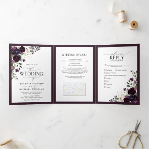 Convite Com Dobra Tripla Casamento de Refeições de Cor Floral Roxo Elegante