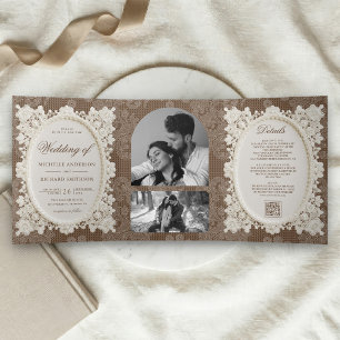 Convite Com Dobra Tripla Casamento de Renda Marrom Antigo Dinheiro Vintage