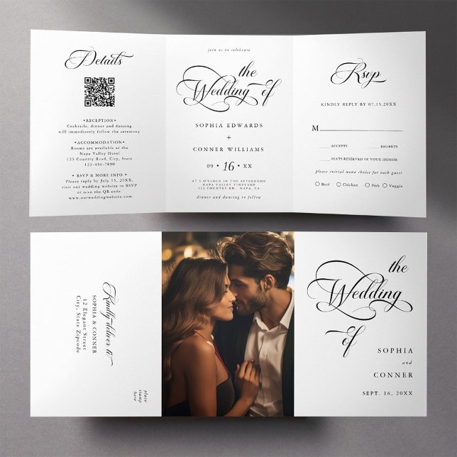 Convite Com Dobra Tripla Casamento de Script de Charme Elegante Preto e Bra (Inside & Outside)