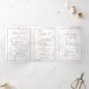 Convite Com Dobra Tripla Casamento de Script Dourado do Modern Marble Rosa