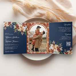 Convite Com Dobra Tripla Casamento de Terracota Floral Wildflower Azul Mari