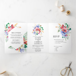 Convite Com Dobra Tripla Casamento de Watercolor Meadow Wildflower |